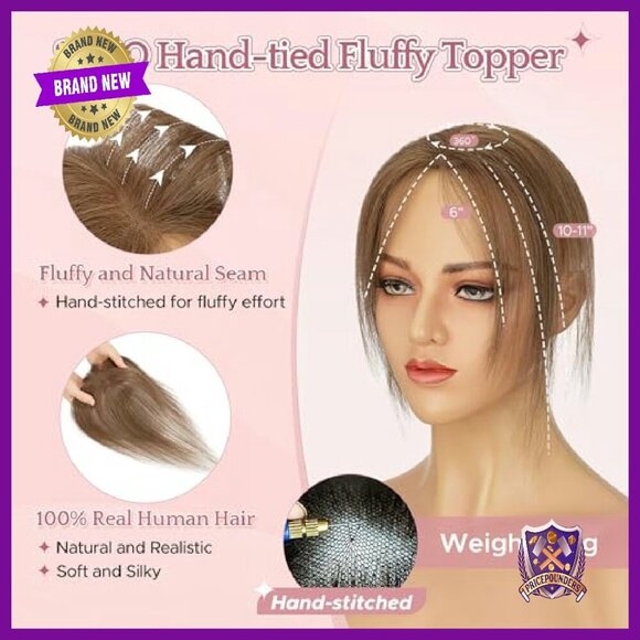Real Human Hair Topper with Side Bangs, Hand-Tied Base, 9x12.5cm main image 5